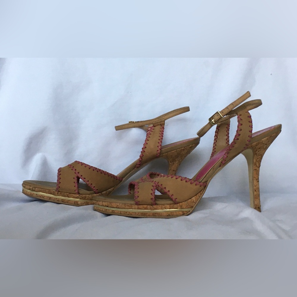 Y2k Bcbg cork tan/pink summer heels with gold trim